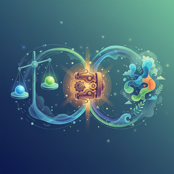 Ilustrație abstractă ce reprezintă trei căi ale motivației: un motor interior, o balanță a rezultatelor și adaptarea la mediu, sugerând transformarea efortului în flux.