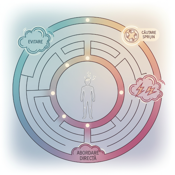 O ilustrație abstractă a unui labirint mental, cu căi simbolizând diferite strategii de gestionare a stresului.