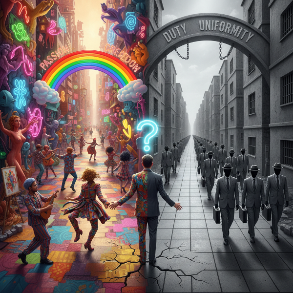 O persoană la răscruce de drumuri, între o cale autentică, colorată și expresivă și una conformistă, monocromă și rigidă, simbolizând conflictul interior dintre a fi sinele adevărat și presiunea socială.