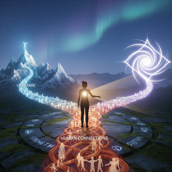 O imagine simbolică a unei persoane la o răscruce de trei căi luminoase, reprezentând motivația interioară prin relații, provocări și sens spiritual.