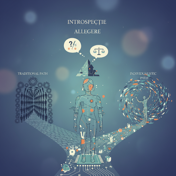 O imagine abstractă ce simbolizează alegerea între respectarea, inovarea sau ignorarea normelor sociale nescrise.