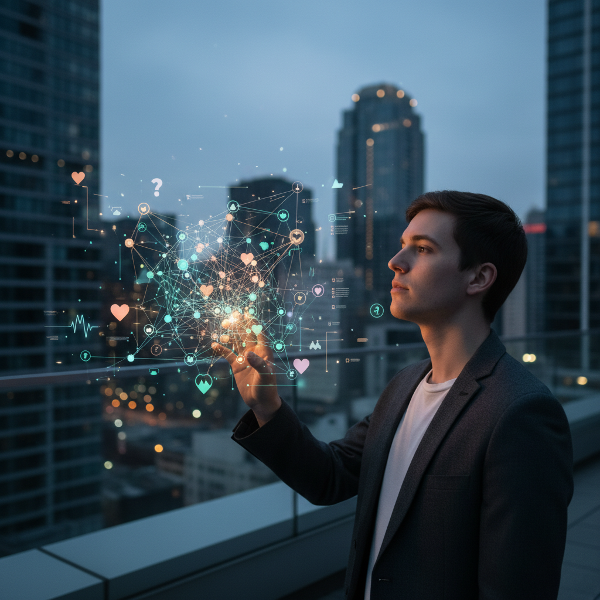 O imagine artistică care ilustrează complexitatea semnalelor sociale și emoționale într-un mediu urban, cu o persoană reflectând asupra unei rețele de conexiuni luminoase.