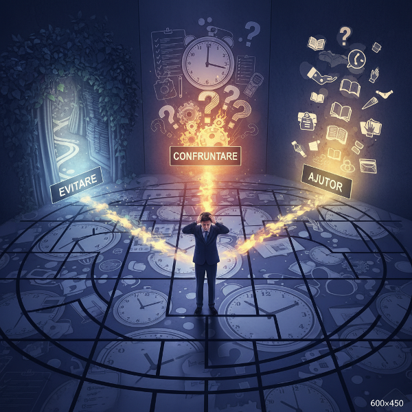 O ilustrație care arată o persoană în centrul unui labirint de simboluri ale stresului, cu trei căi posibile reprezentând stiluri diferite de gestionare: evitare, confruntare și căutare de suport.