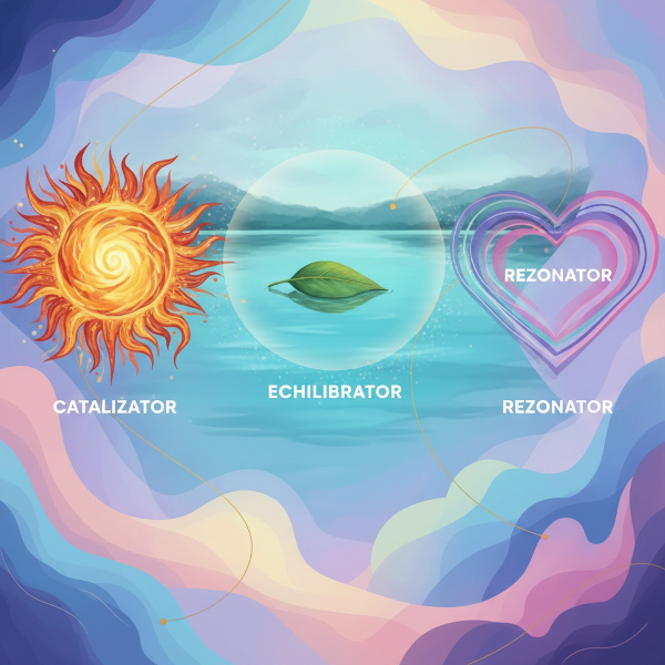 O imagine alegorică care reprezintă cele trei tipuri de energie în relații: Catalizatorul ca soare, Echilibratorul ca lac liniștit și Rezonatorul ca ecou de unde sonore.