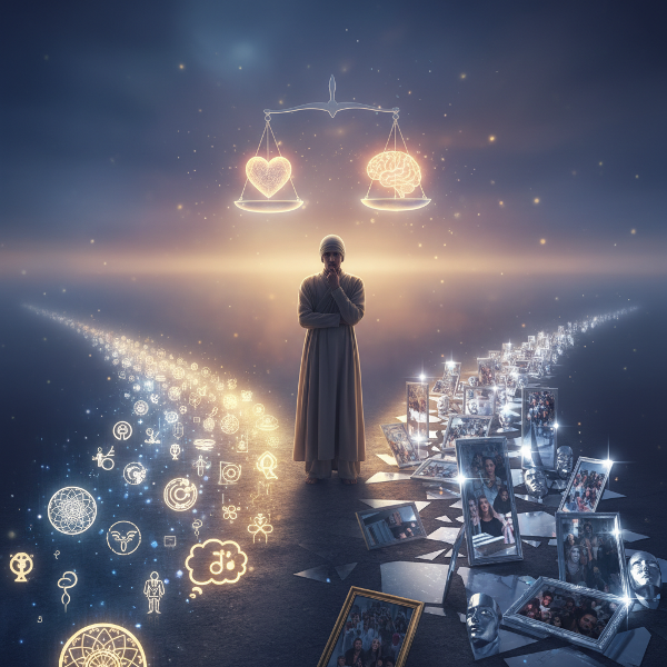 O persoană la răscrucea dintre două căi simbolizând validarea internă și cea externă, cu o balanță a valorii de sine.