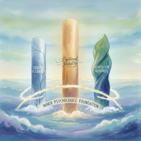 O imagine abstractă cu trei piloni luminoși în ceață, reprezentând stabilitatea emoțională, flexibilitatea cognitivă și resursele de adaptare, simbolizând fundația psihologică interioară.