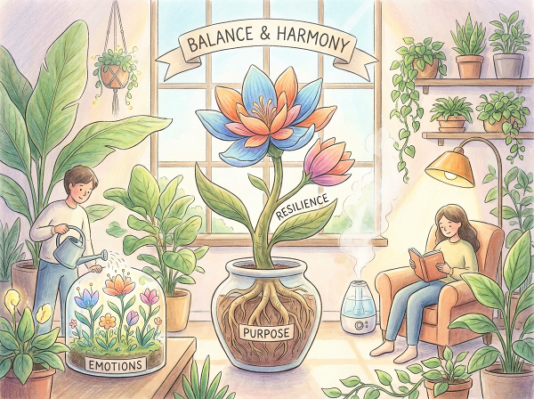 O grădină interioară simbolică și armonioasă, cu flori vibrante, rădăcini adânci și o climă îngrijită, reprezentând bunăstarea emoțională, psihologică și socială.