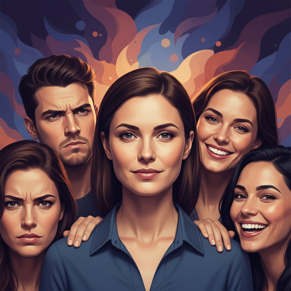 O ilustrație abstractă a dinamicii unui grup social, cu o figură centrală și expresii variate în jur, reprezentând conflictele și armonia din comunitate.