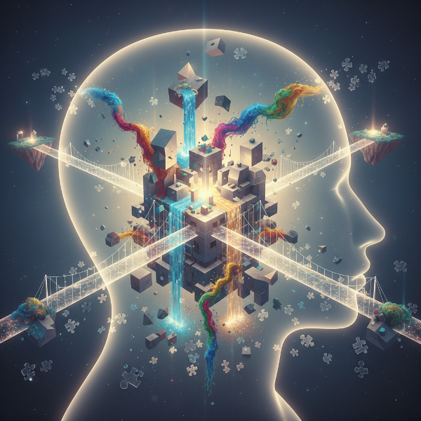 O imagine surreală care arată arhitectura interioară a minții în timpul unei tranziții, cu structuri geometrice care se reconfigurează, culori emoționale care se integrează și căi viitoare care se proiectează ca poduri într-un peisaj mental.