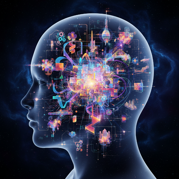 O imagine conceptuală care arată arhitectura internă a minții creative, cu idei haotice care se structurează într-o rețea complexă și luminoasă.