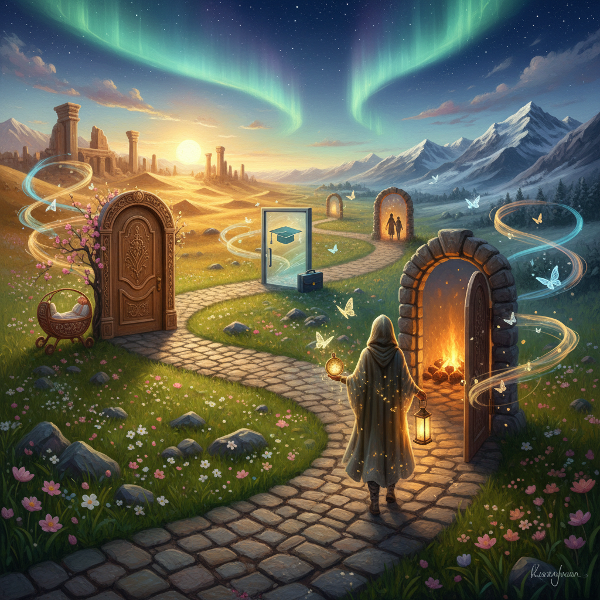 O imagine simbolică care ilustrează tranzițiile vieții printr-un drum sinuos ce trece prin peisaje în schimbare, cu uși deschise către etape diferite, o figură umană navigând cu o busolă și o lumină.