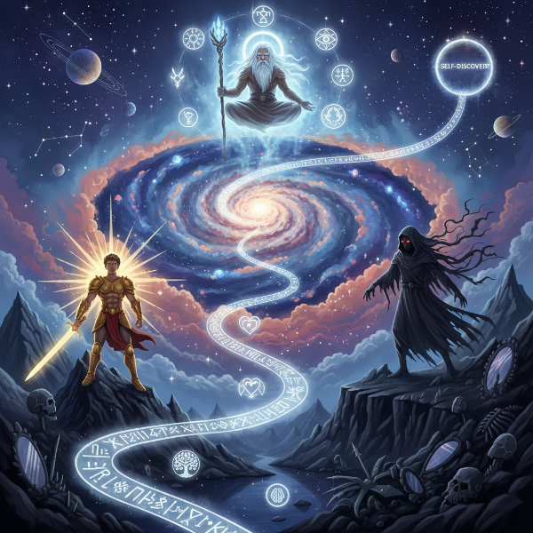 O ilustrație simbolică a psihicului uman ca peisaj cosmic, cu figuri arhetipale (Eroul, Umbra, Înțeleptul) ieșind dintr-o minte visătoare și învolburată, iluminată de o lumină eterică.