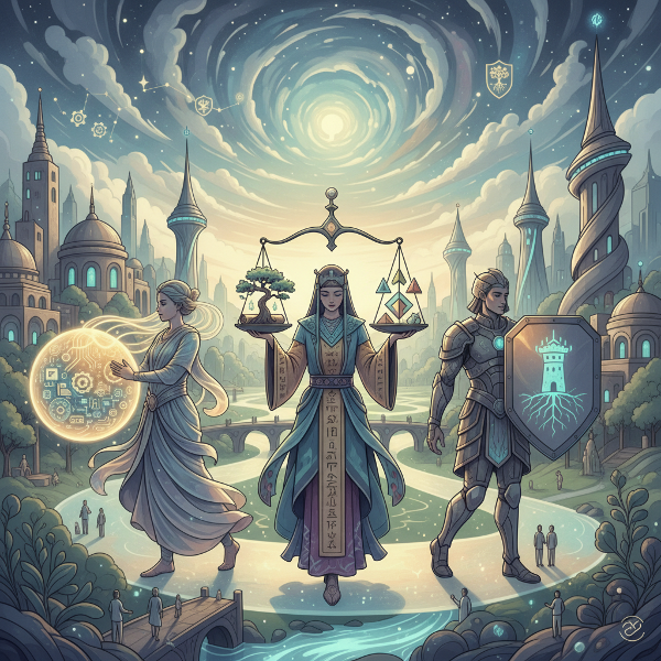 O ilustrație simbolică cu trei figuri arhetipale pe un drum, reprezentând inovatorul, mediatorul și păstrătorul, într-un peisaj comunitar.