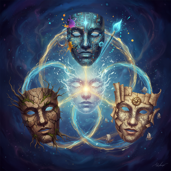 O imagine simbolică a unui chip uman care se descompune în trei măști arhetipale, reprezentând Păstrătorul, Călătorul și Creatorul, unite de o lumină eterică ce simbolizează căutarea sinelui autentic.