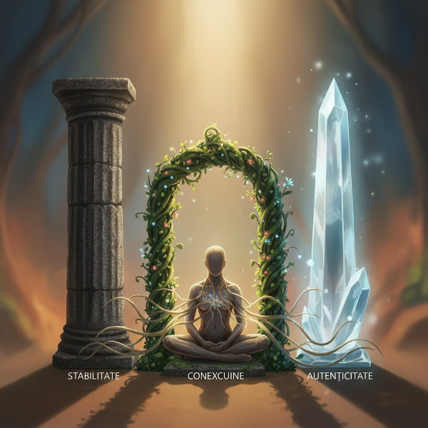 O ilustrație alegorică ce reprezintă cele trei piloni interiori ai personalității – Stabilitate, Autenticitate și Conexiune – cu o figură umană în centru, într-o atmosferă introspectivă.
