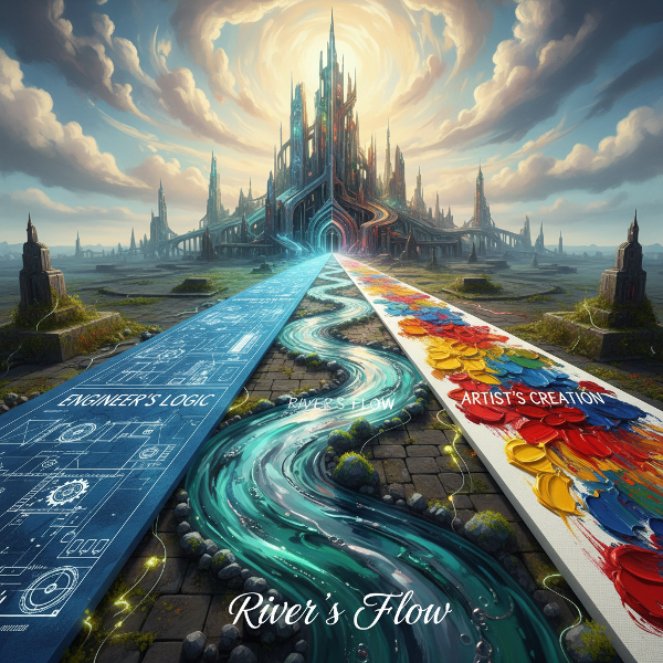 O imagine simbolică cu trei căi ale destinului: un plan precis de inginer, un râu cu curs schimbător și o pânză cu tușe artistice spontane, toate fuzionând într-o singură structură arhitecturală.
