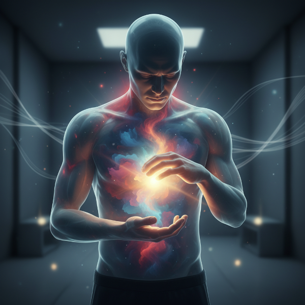 O ilustrație a unei persoane cu corpul transparent, în interiorul căruia se vede o furtună de emoții colorate, iar exteriorul prezintă tensiuni fizice subtile. Persoana ține o lumină liniștitoare lângă inimă.