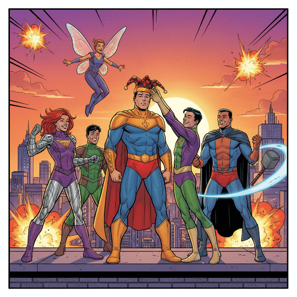 Ilustrație vibrantă în stil de benzi desenate cu supereroi diverși pe un acoperiș, combinând eroism clasic cu umor și ironie.