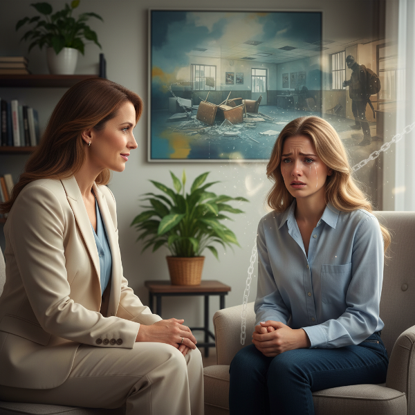 O psihoterapeută calmă și empatică, în vârstă de 40 de ani, oferă sprijin unei cliente tinere, în vârstă de 32 de ani, care suferă de atacuri de panică și amintiri traumatice după o luare de ostatici. În cabinetul sigur, se simt simptomele de hipervigilență și senzația de captivitate.