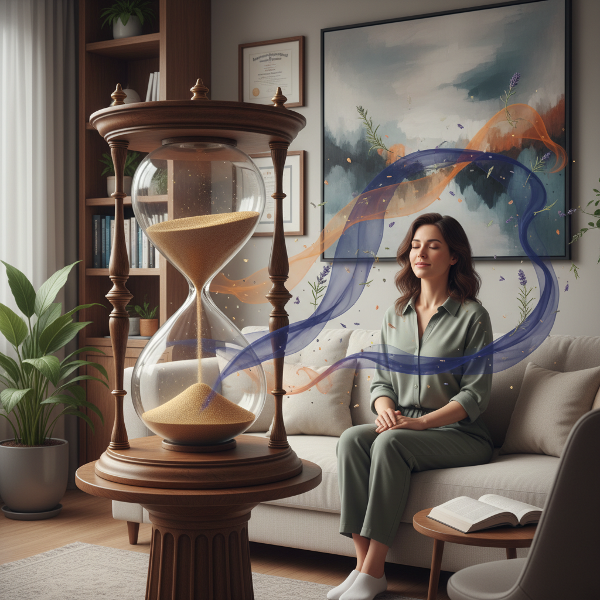 O imagine simbolică a unui cabinet de terapie, cu un clepsidru în care nisipul curge invers, reprezentând revenirea simptomelor după traumă. Pacientul este calm, în timp ce stimuli senzoriali neutri plutesc în aer.