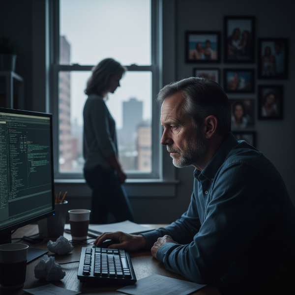 O imagine care ilustrează un soț workaholic epuizat lucrând noaptea, în timp ce soția se simte singură și neglijată în fundal, cu o atmosferă de distanță emoțională în casă.