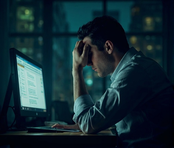 Un bărbat obosit la birou, noaptea, în fața unui ecran plin de emailuri, cu umerii încordați și maxilarul strâns, sugerând stres prelungit și epuizare profesională.
