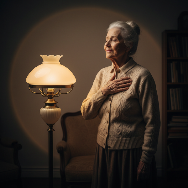 Femeie văduvă în vârstă de 62 de ani, stând singură lângă o lampă caldă, cu mâna pe inimă, într-o cameră întunecată, practicând respirația pentru a depăși frica de singurătate.