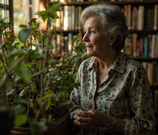 O femeie de 59 de ani întreține o grădină lângă bibliotecă, cu plante fragede și un vis neliniștitor al plantelor uscate, simbolizând grija și încrederea în sine.