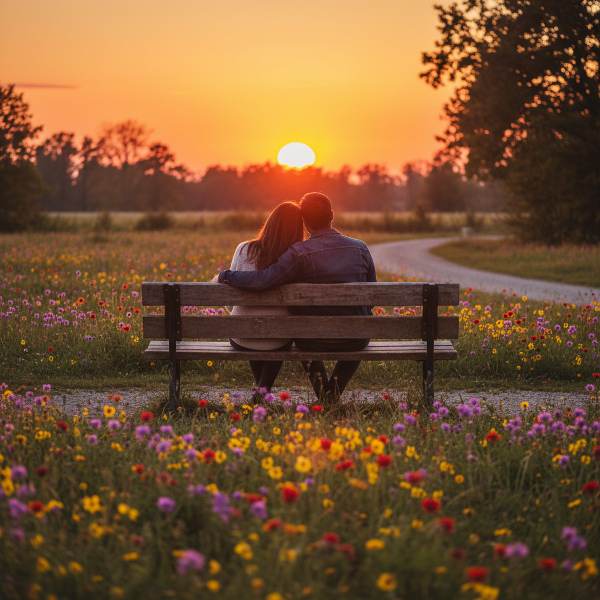 Un cuplu redescoperind bucuria de a fi împreună într-un apus romantic