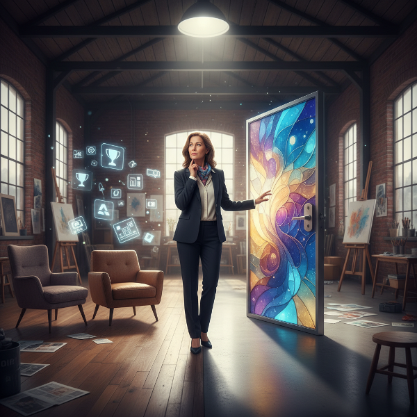 O femeie profesionistă stă în fața unei alegeri între calea cunoscută și o nouă oportunitate strălucitoare, înconjurată de simboluri ale succeselor sale trecute.