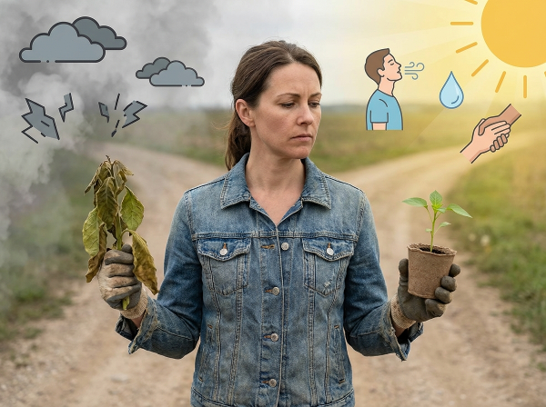 O femeie la o răscruce, alegând între dependența veche și noile obiceiuri sănătoase, simbolizând lupta și speranța în renunțarea la fumat.