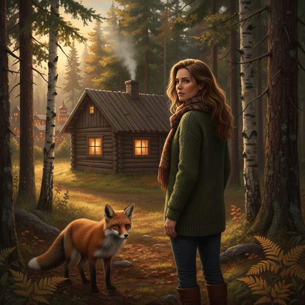 O femeie stă la marginea pădurii, privind cu gânduri amestecate spre cabana ei izolată și spre luminile unui oraș îndepărtat, simbolizând conflictul între liniștea naturii și dorința de conexiune umană.