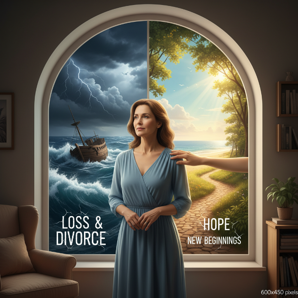O femeie privește un peisaj divizat între furtună și liniște, simbolizând tranziția din durere spre speranță, cu o mână susținătoare pe umăr.