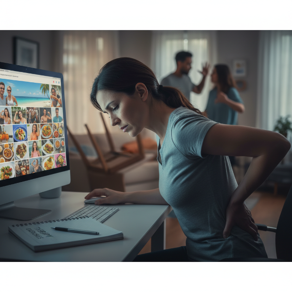 O femeie epuizată, cu dureri de spate, prinsă între tensiunea domestică și presiunea rețelelor sociale, în timp ce lucrează la exerciții terapeutice.