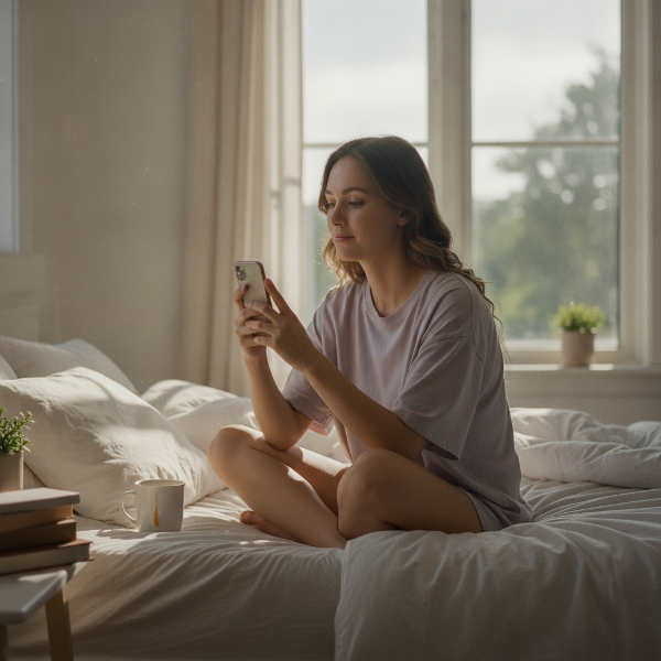 O femeie de 27 de ani se simte apatică dimineața, verificându-și telefonul compulsiv, înconjurată de simboluri de yoga și relaxare.