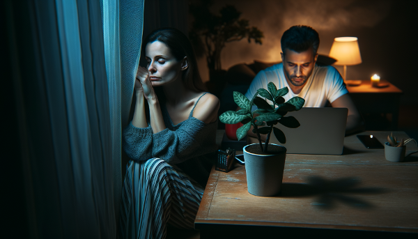 O femeie privește pe fereastră noaptea, simțind o distanță față de partenerul ei care lucrează peste program, cu o plantă ofilită reprezentând relația neglijată.