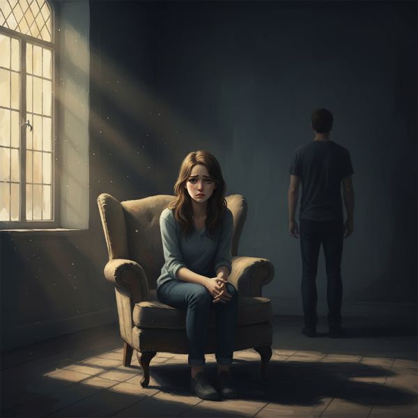 O femeie tânără se simte confuză și singură într-o cameră întunecată, în timp ce partenerul ei este o siluetă îndepărtată care se întoarce cu spatele.