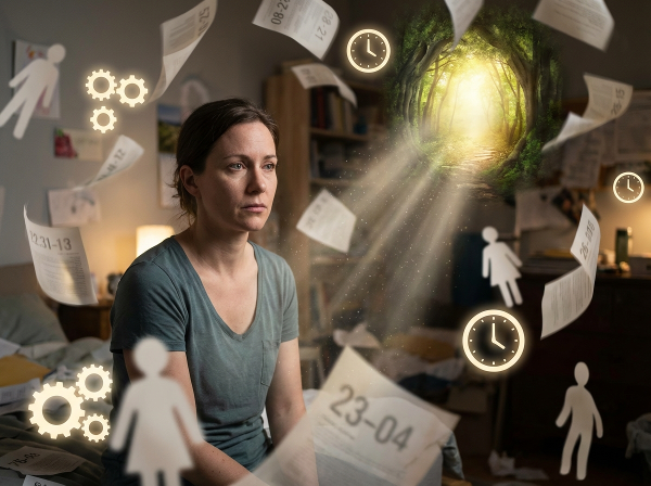 O femeie meditând în mijlocul unui haos simbolic de responsabilități, cu o cale luminoasă către un spațiu liniștit de autocunoaștere.