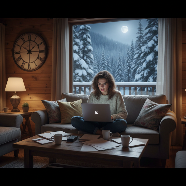 O femeie în casă la munte, privind cu îngrijorare la laptop, în timp ce liniștea exterioară contrastează cu agitația interioară.