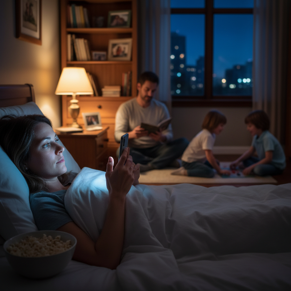 O femeie de vârstă mijlocie, în pat noaptea, este absorbită de smartphone, derulând fără sens, în timp ce familia ei este prezentă dar ignorată în fundal, ilustrând izolarea și fragmentarea atenției.