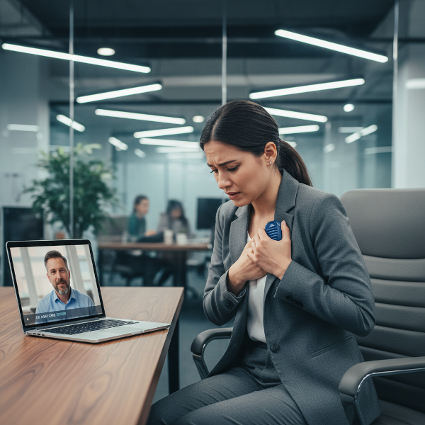 O femeie tânără într-un birou modern, în mijlocul unui atac de panică, primește consiliere online calmă de la un psiholog.