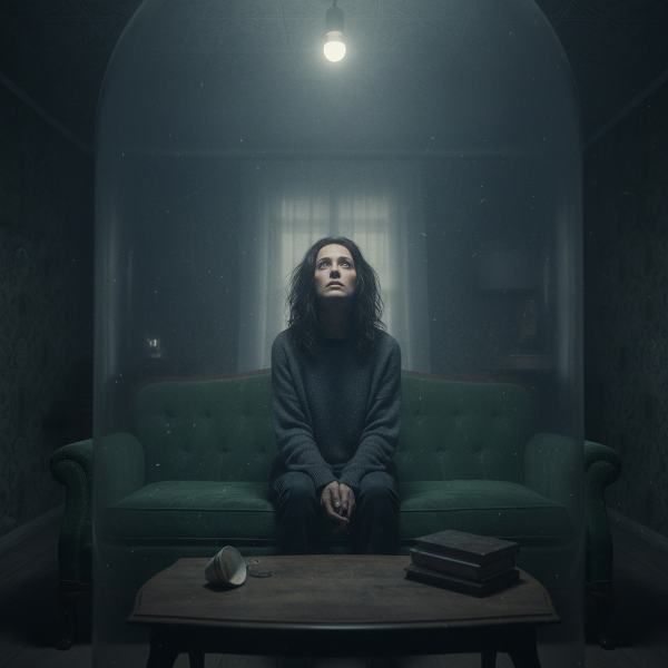 O femeie stă singură pe un canapea într-o cameră slab luminată, privind în gol spre tavan. Atmosfera este grea și detașată, sugerând amorțeală emoțională și sentimentul de a fi prins într-un vid.