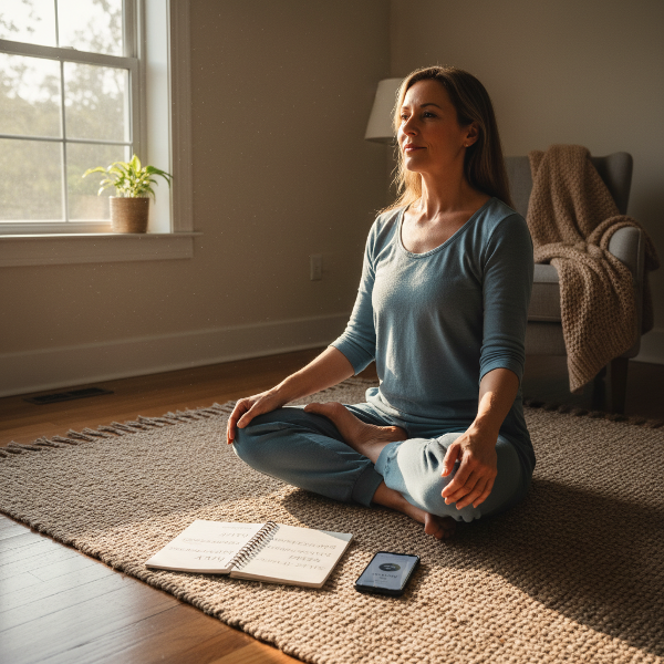 O femeie de vârsta mijlocie practică yoga blând acasă, într-o cameră liniștită, cu un jurnal și un telefon în apropiere, simbolizând căutarea echilibrului și a recuperării.