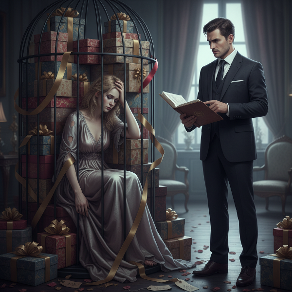 O femeie prinsă într-o cușcă aurită din cutii cadou, simbolizând relațiile transacționale, în timp ce partenerul ține evidența 'datoriilor' emoționale.