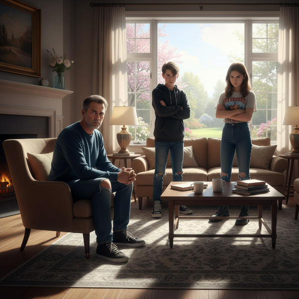 O scenă de tensiune familială între un tată în vârstă și adolescenți, într-un living, ilustrând provocările comunicării și căutarea liniștii.