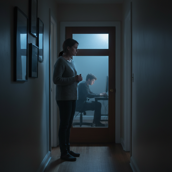 O mamă singură îngrijorată privește ușa închisă a camerei fiului ei adolescent, care este retras în lumina albastră a unui ecran, ilustrând distanța emoțională și izolarea.