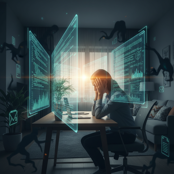 O tânără programatoare copleșită de munca digitală care se infiltrează în spațiul ei personal, cu o lumină calmantă încercând să pătrundă prin haos.