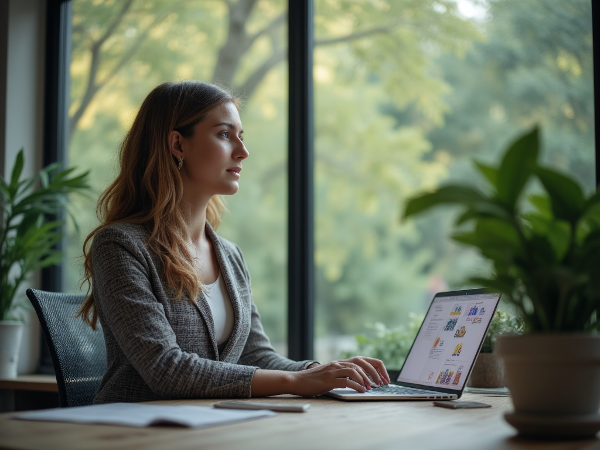 O psihologă tânără reflectând asupra echilibrului dintre cariera solicitantă într-un mediu corporatist și planurile personale de viitor, într-un cadru care sugerează liniștea interioară și luarea deciziilor.