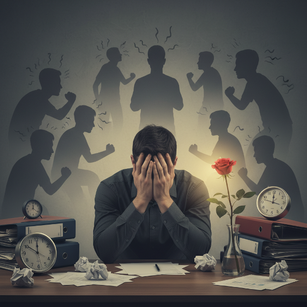 O ilustrație care surprinde lupta unui tânăr cu anxietatea și insomnia, într-un mediu academic tensionat, dar cu note de speranță.