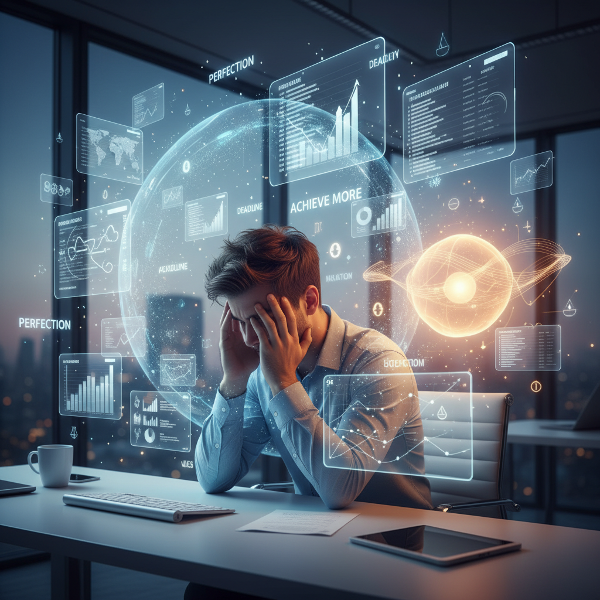 Un tânăr se simte copleșit la birou, înconjurat de presiunea pentru perfecțiune, cu o lumină caldă care reprezintă echilibrul și sprijinul.